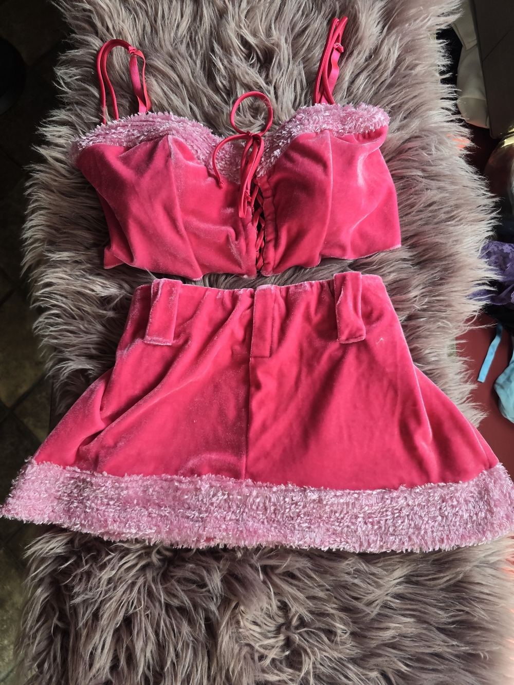 Pink Velvet Two-Piece Crop Top & Mini Skirt Set